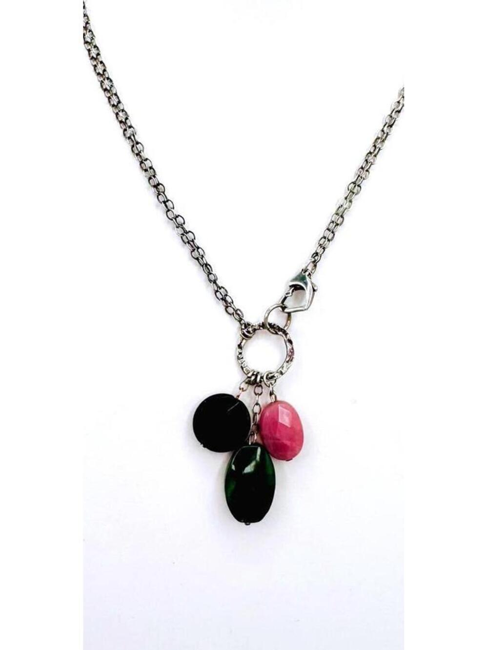 Sterling silver chain w\ faceted rose quartz, black obsidian,black jade necklace